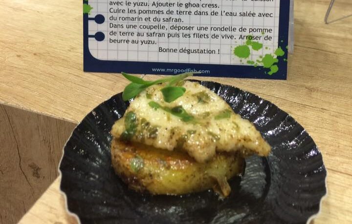 Filety z ryby z gatunku vive w sosie meunière z yuzu, ziemniaki z szafranem