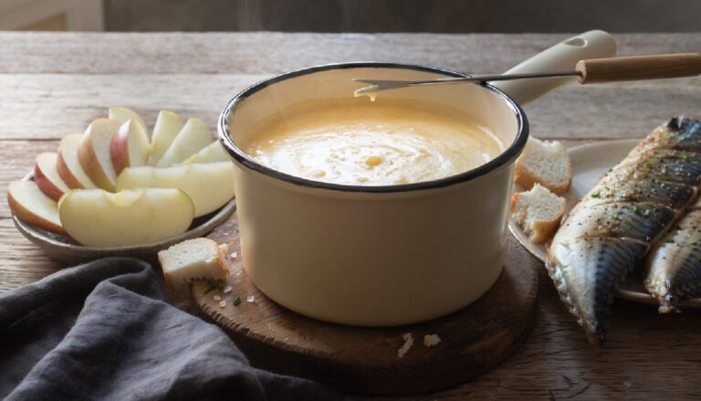 Fondue z serem „Tomme de la Chapelle St-Jean”, wędzonymi makrelami i jabłkami