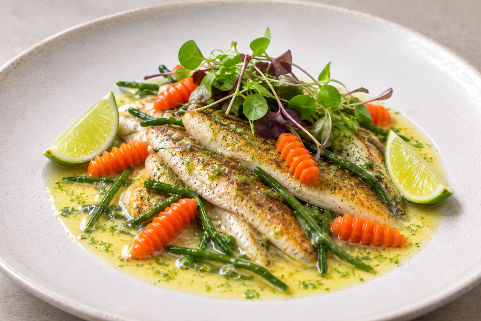 Filets de vive sautés, beurre acidulé aux salicornes vinaigrées, petites carottes cannelées, citrons verts et jeunes pousses de légumes