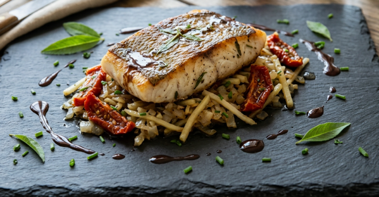 Dos de merlu poêlé, mariné à la verveine, oignons, céleri et tomates confites