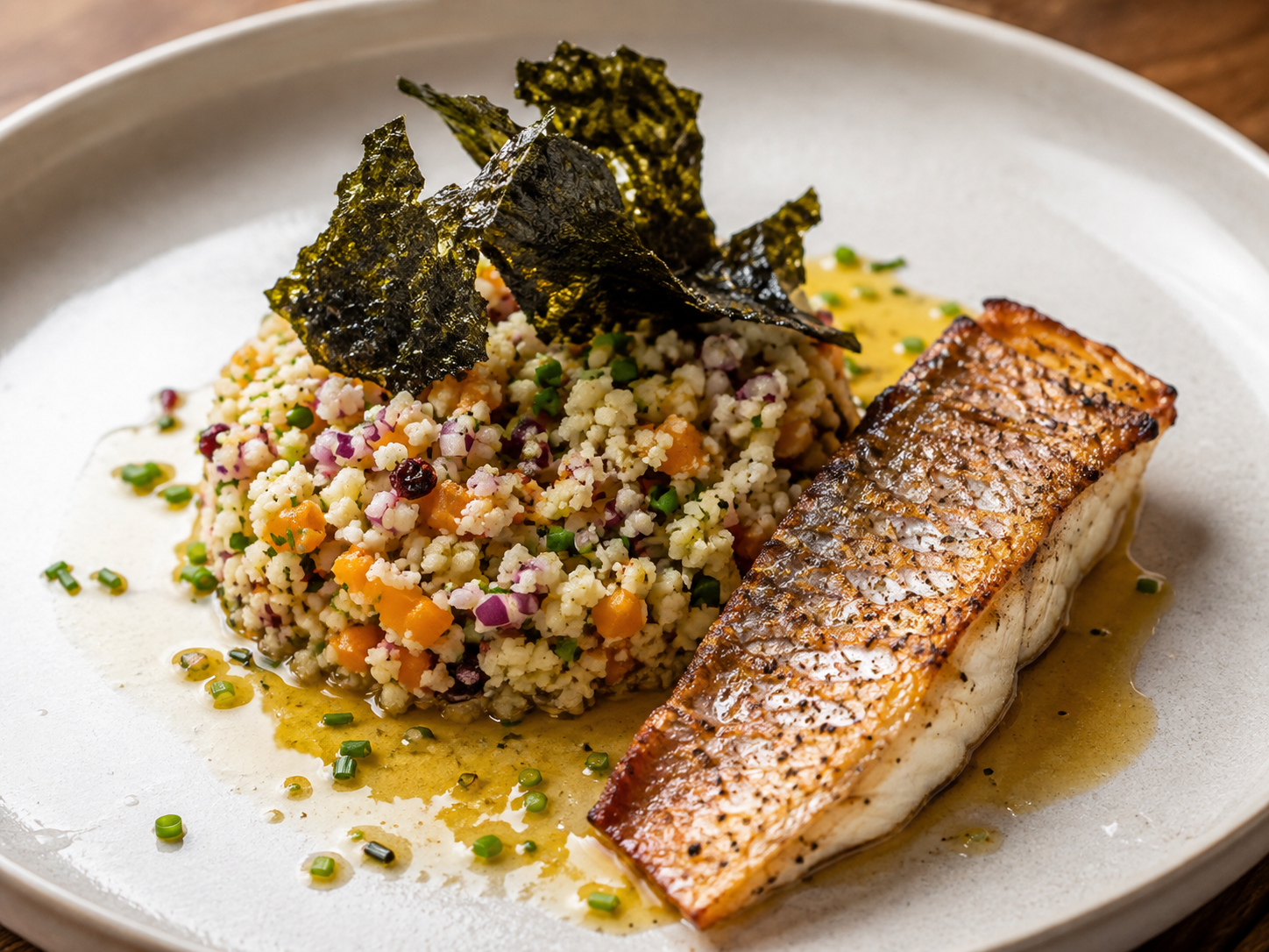 Filet de Grondin Perlon poêlé, taboulé automnal aux fruits secs et Dulse