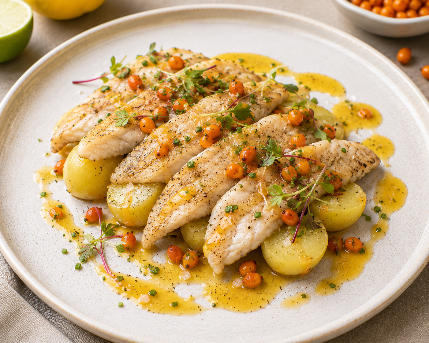 Filets de vive snackés, marinade d’agrumes à l’argousier, pommes de terre de la Baie de Somme tièdes