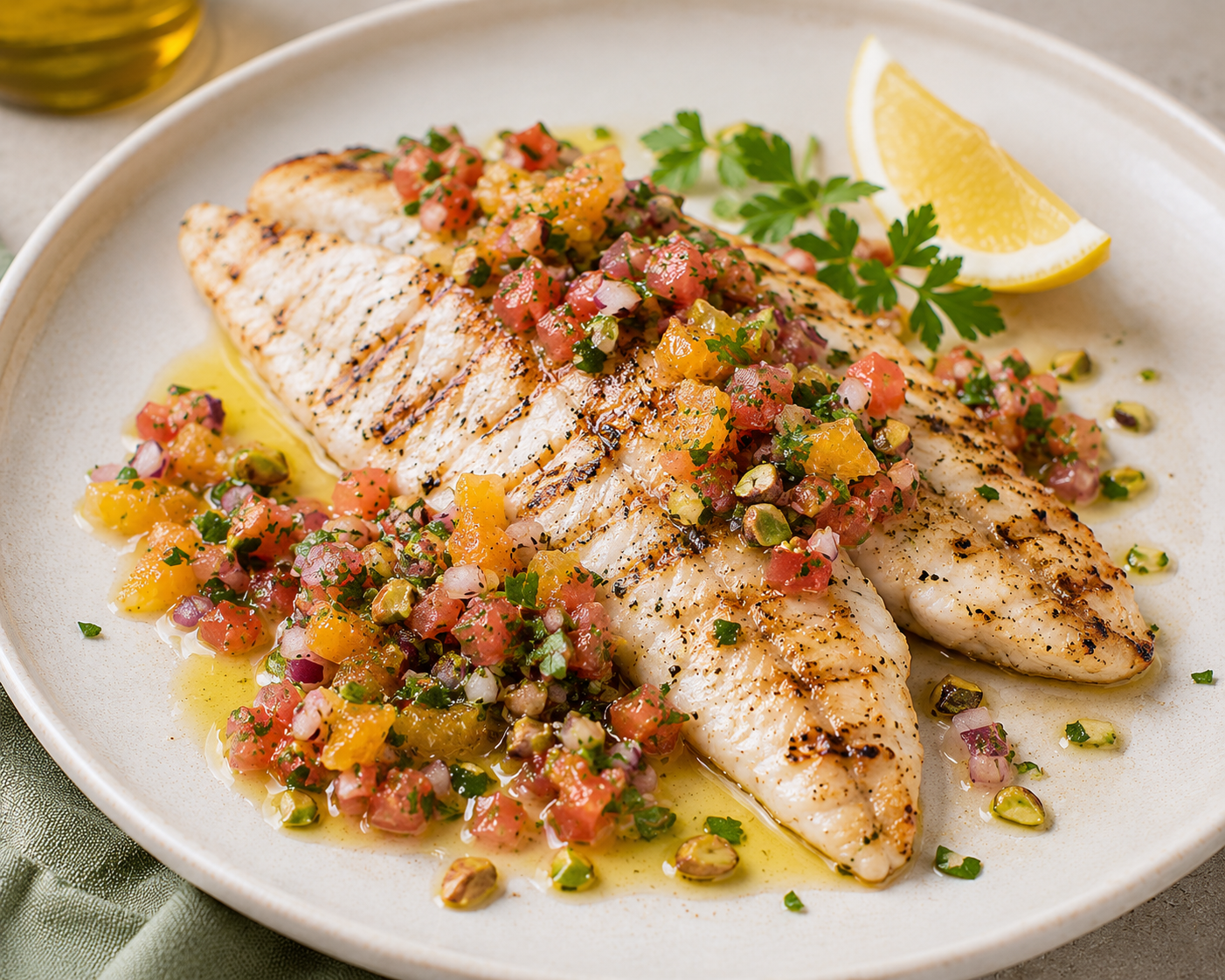 Filets de vive grillés, sauce vierge