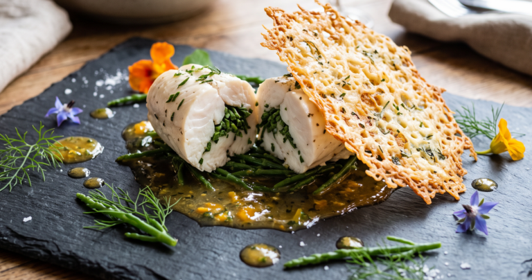 Ballotine de merlu, farce fine aux salicornes, marinade instantanée iodée, tuile au fromage du Monts de Cats