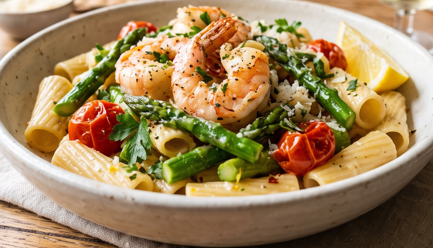 Pâtes, langoustines et asperges