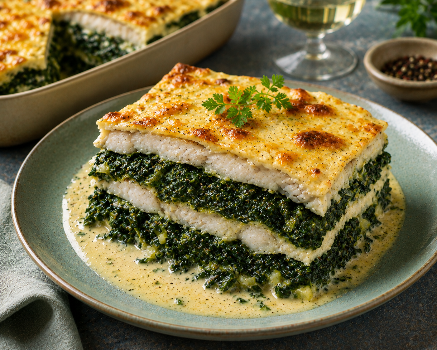 Millefeuille de tacaud aux épinards et aux blettes